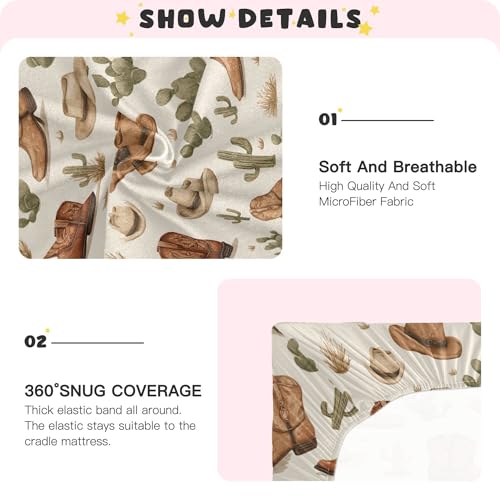 Image of Western Cowboy Brown Boots Crib Sheets Soft Breathable Fitted Baby Crib Sheets Mattress Cover for Girls Boys, 52 inch x 28 inch x 9 inch
