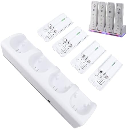 4 Ports Charging Station for & Remote Controller, Charger with 4 Rechargeable Battery Packs (Charging Station & 4 pcs 2800mAh Batteries) (White)