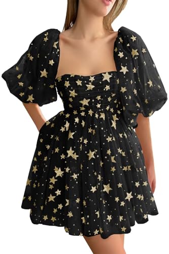 Sparkly Starry Homecoming Dress With Puffy Sleeves - Short Tulle Prom Gown For Teens