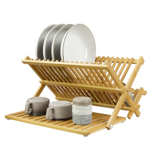 KKTONER Bamboo Dish Drying Rack with Utensil Holder