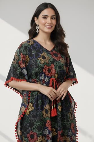 Image of Yash Gallery Womens Cotton Printed Kaftan Midi Dress Ethnic Wear