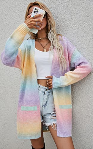 Image of ECOWISH Women Cardigan Sweaters Long Kimono Striped Long Sleeve Open Front Color Block Cozy Knitted Coat Outwear Winter Fall