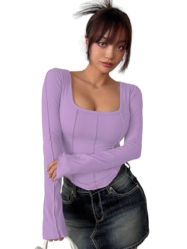 Image of Sugathari Women's Black Solid Long Sleeve Wrap-Style Square Split Crew Neck Bodycon Women T-Shirt Spring and Summer Top, Minimalist and Fashionable for Everyday Casual Wear Tops (T-Shirt 181)