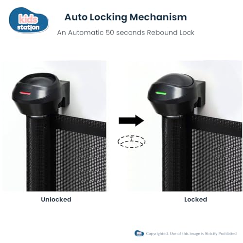 Image of Kids Station Baby Retractable Safety Gate - Magic Pet Gate - Retractable Mesh - Extra Wide - Dog Safety Fence Guard - Auto Locking - Height 90cm or 2.9ft - Expandable to 180cm or 6ft (Black)