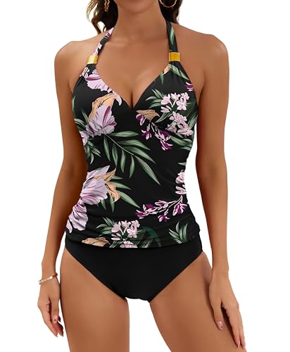 Image of B2prity Halter Tankini Swimsuit for Women Tummy Control Two Piece Bathing Suit V Neck Swimwear with Shorts