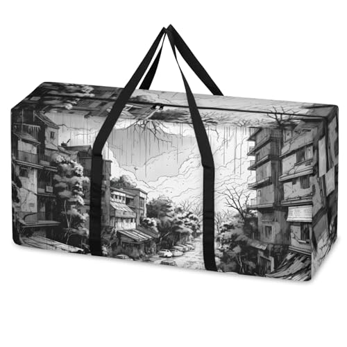 Modern City Extra Large Moving Bags Heavy Duty Storage Bags Graffiti City Cloth Wrap Around Handles Double Zipper Reusable Convenient Foldable Storage Tote for Travel Camping Space Save