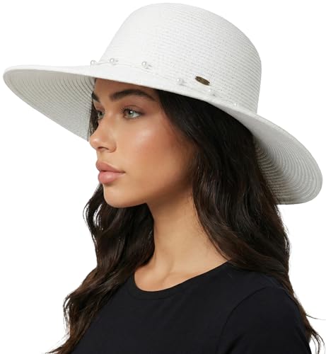 Funky Junque Womens Panama Sun Hat Wide Brim Packable Straw Beach Hat for Summer & Vacation UPF 50+ - Pearl Trim - White