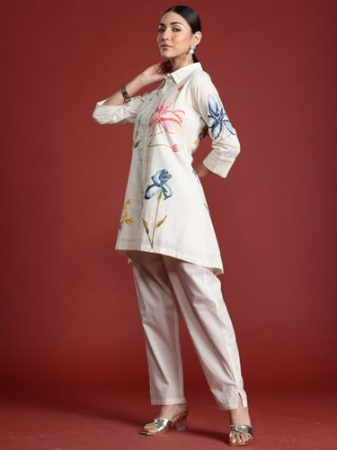 Image of INDO ERA Women's Off White Pure Cotton Printed A-Line Kurta & Pant Set (KS0OW10119 XX-Large)