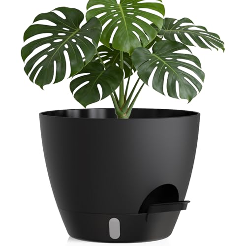 KUGAZ Plant Pots, 1 Pack 12 Inch Self Watering Pots with Drainage Holes, Water Level Indicator Deep Reservoir, Large Planters for Indoor Outdoor Plants - Black