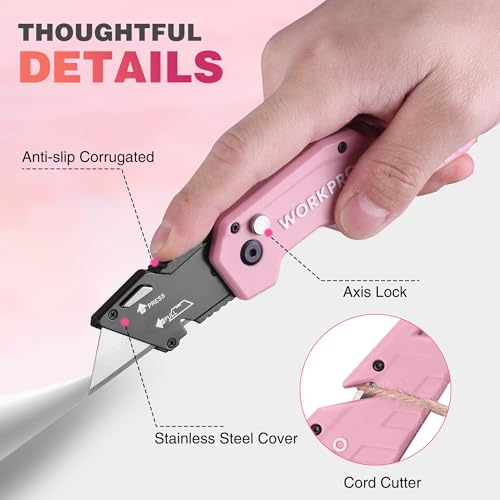 WORKPRO Folding Utility Knife, Quick Change Box Cutter, Pink Razor Knife for Cartons, Cardboard, Boxes, 10 Extra Blades Included - Pink Ribbon