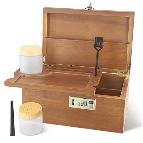 Boîte de rangement en bambou avec serrure à combinaison - 2 bouteilles en verre + pinceau + tube de rangement - Boîte en bois pour herbes, bijoux et...