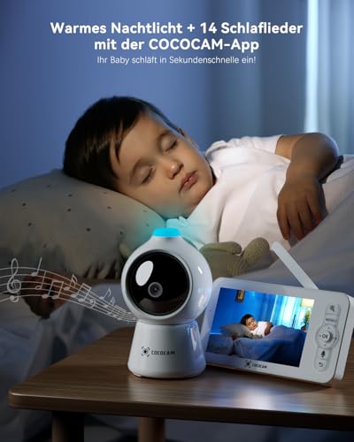 COCOCAM 2K 4MP KI Babyphone mit Kamera 5 Zoll, 2.4GHz/5GHz WLAN, Gesichtsverdeckungs Oder Bauchschlaf Alarm, Intelligentes Zeitalbum, KI-Erkennung, Automatische Verfolgung, IR Nachtsicht