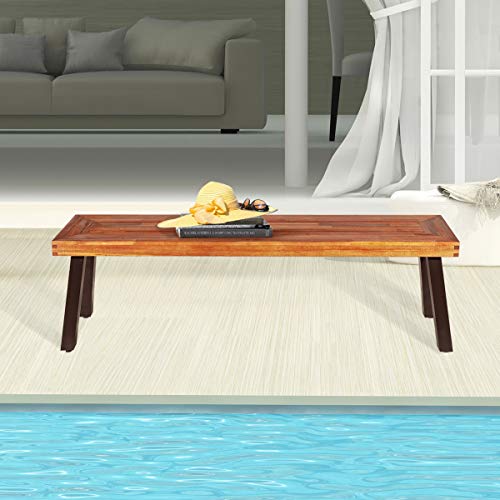 Image of Giantex 60 inch Acacia Wood Bnech, 3-Person Backless Outdoor Patio Dining Bench with Metal Legs & Adjustable Foot Pads for Entryway, Balcony, Porch, Backyard, Garden and Poolside (2 Pack)