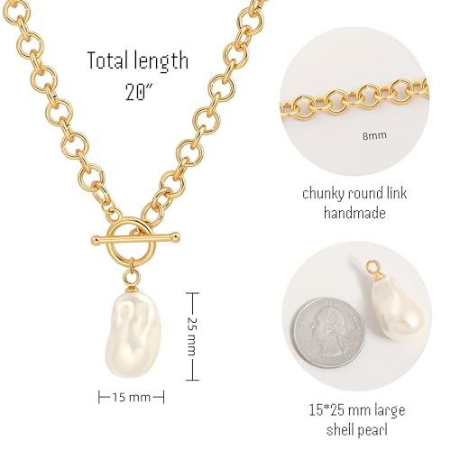 18k Gold Chain Link Necklace for Women, Baroque Pearl/Compass Pendant Necklace4