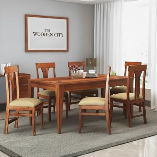 Image of UK FURNITURE Solid Sheesham Wood 6 Seater Dining Table | Wooden Dining Room Set for Home & Office (Honey, 6 Seater)