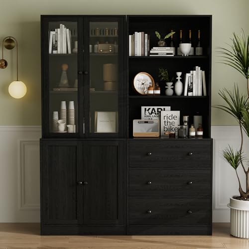 VOWNER Vitrine en Verre 180 cm Haute, Bibliothèque avec Portes en Verre, Étagère Haute sur 6 Niveaux, Bibliothèque Meuble de Rangement,Armoire Vitrine pour Bureau,...