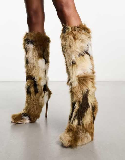 SIFINELAR Women's Knee High Booties Faux Fur Boots for Women Kitten High Heel Furry Fluffy Pointed Toe Boots Winter Comfy Plush Warm Outdoor Indoor Heel Shoes Brown 104