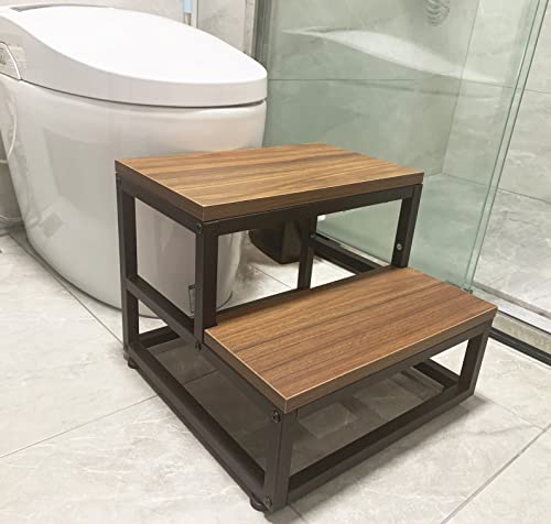 Step Stool For Adults And Kids, Wood And Metal Stepping Stool, 2 Steps With Corner Protectors, Bed Steps For High Bed, Elders And Toddler Stool For Bedroom, Bathroom, Kitchen (Brown) #TOP7