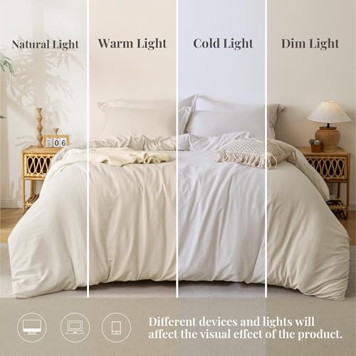 Image of MILDLY Duvet Cover 108 inchx98 inch Ultra Soft Comforter Cover Set 3pcs, Beige | Washed Microfiber Cotton-Like, Breathable Comfort, Hidden Zipper, 8 Corner Ties, OEKO-TEX Certified, Fade Resistant