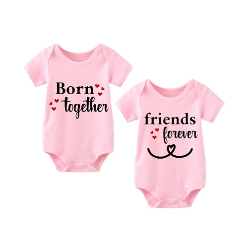 Image of babytwinssuit Baby Twins Bodysuit Born Together Friends Forever Newborn Baby Clothes Cute Outfits Toddler Boy Girl Romper Set(pink 3m)