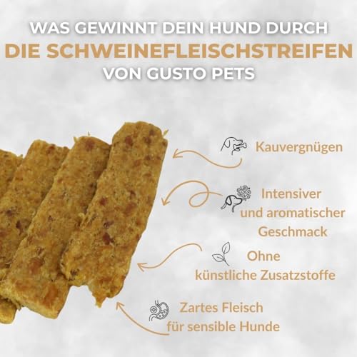 GUSTO PETS Dörrfleisch Schwein für Hunde - 100% natürlicher Snack Jerky, Proteinreich, Schonend getrocknet, Ideal als Trainingsbelohnung - Ergänzungsfuttermittel, Hergestellt in der EU