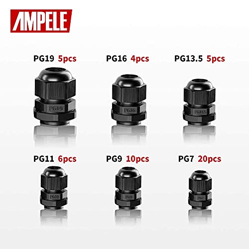 Ampele Cable Gland 50 Pack Waterproof Adjustable 3-16Mm Pg7 Pg9 Pg11 Pg13.5 Pg16 Pg19 Nylon Cable Glands Joints With Gaskets #TOP1