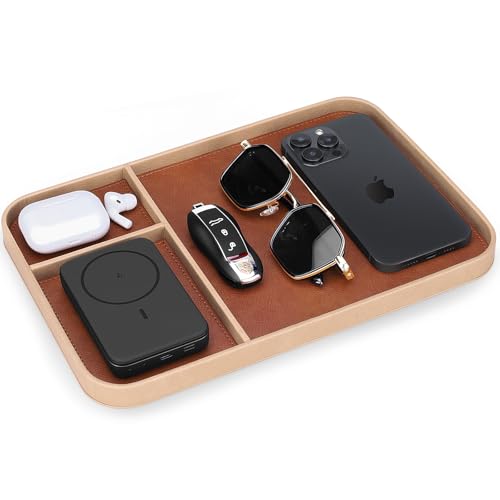 SENEN Leather Tray, Stylish and Organized Multifunctional Tray, for Table Entryway, Premium PU Leather, Catchall Tray for Keys, Watch, Wallet, Jewelry, and More (Beige Frame)