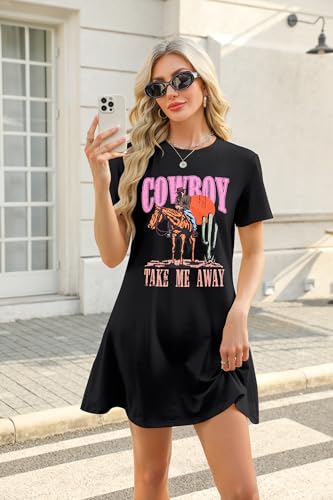 Image of Cowboy Western Dress for Women: Vintage Rodeo Graphic Dresses Country Music Sundress Short Sleeve Cowgirl Outfits
