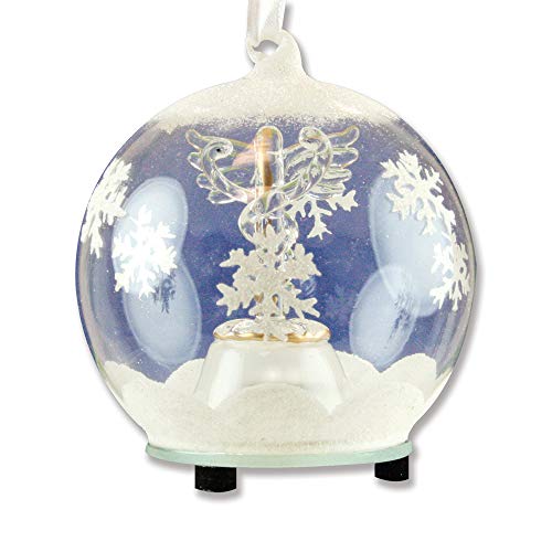 LED Caduceus Glass Globe Christmas Ornament Hand Painted Glittery Snowflakes and Snow Lighted Color Changing Nurses Day Gift