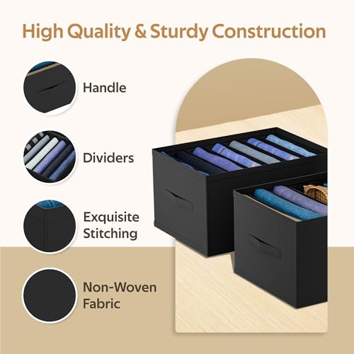 Image of Kuber Industries Non Woven Medium Foldable Clothes Organiser with 7 Grid | Dress Storage Box For Jeans & Shirt | Wardrobe Storage Organizer | Bedroom Almirah Organizer Items | Black