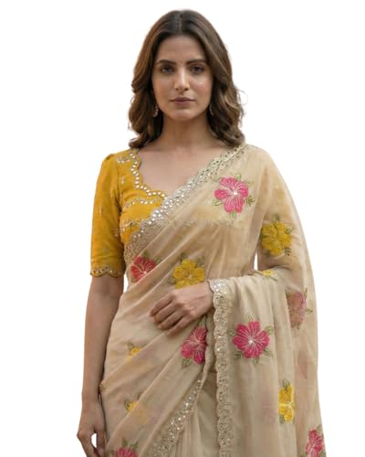 Handcrafted Floral Embroidered Saree with Contrast Yellow Blouse