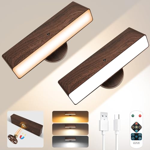 Toowell Stick on Wall Lights Battery Operated Rechargeable Wall Lights with Remote Control Magnetic Wall Light Wireless Wall Sconces Set of 2 Battery Powered Wall Light Indoor Bedside Wall Lamp,Walnut