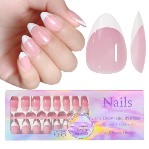 French Gel Nail Tips, 150pcs Medium Coffin Press on Soft Gel Fake Nails, 3 in 1 X-coat Pre-Applied Tip Primer & Base Coat