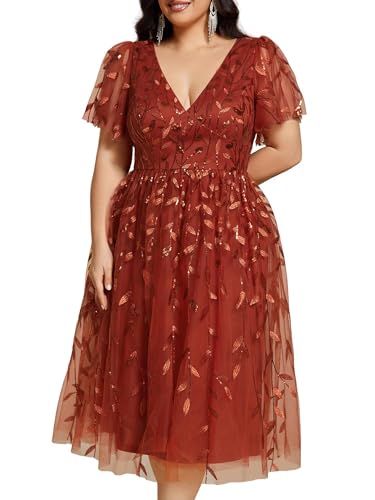 Image of Ever-Pretty Womens Embroidered Tulle Plus Size Cocktail Evening Party Dress A-Line Midi Wedding Guest Dresses for Curvy Women
