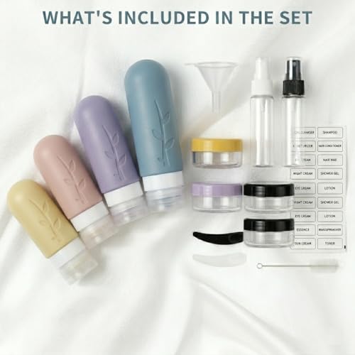 Image of DEPOZA Travel Bottles Kit (16 Pack) - TSA Approved, Leak Proof Silicone Squeezable Containers for Toiletries. Complete Set with Jars, Sprayers & Bag (Light Purple)