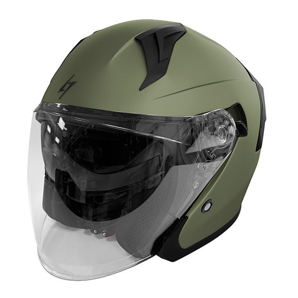 Otwarty kask motocyklowy/skuterowy STORMER Run Kaki Matt – ECE 22.06 – Zintegrowana blenda przeciwsłoneczna – Przygotowany pod system Bluetooth