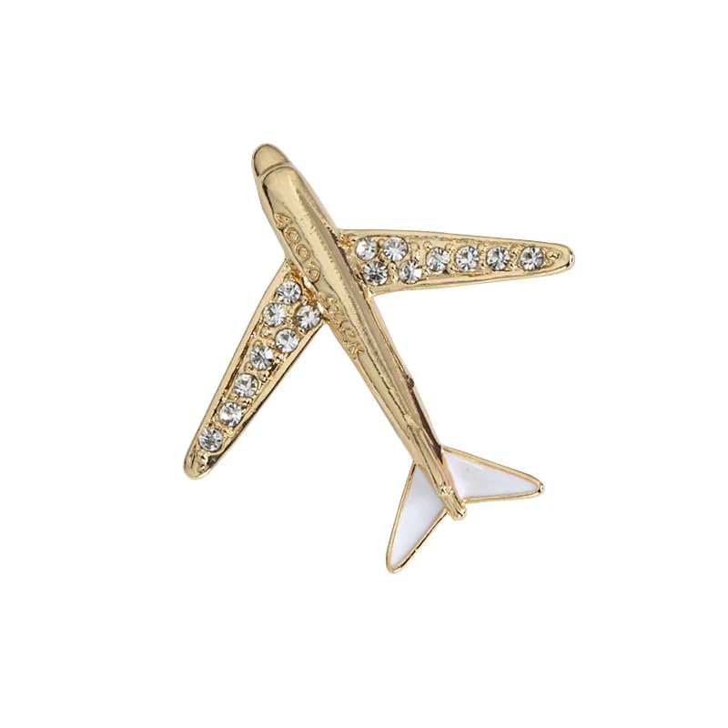 Men's Suit Aircraft Design Brooch Pin, Gold Tone with Crystal Accents