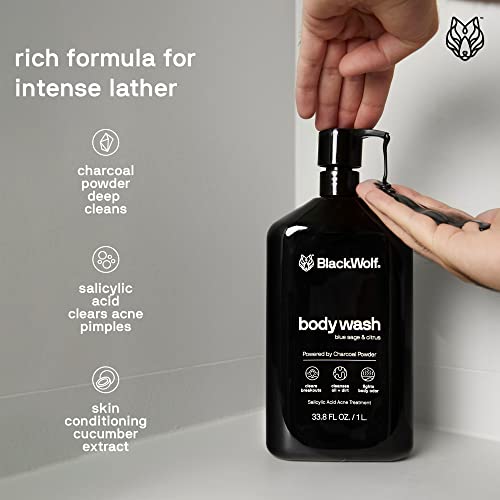 Black Wolf Charcoal Powder Body Wash For Men, 1 Liter - Charcoal Powder & Salicylic Acid Reduce Acne Breakouts & Cleanse Your Skin From Toxins & Impurities - Rich Lather For Full Coverage, Deep Clean #TOP2