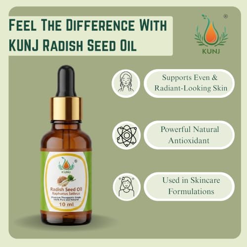 Image of KUNJ Radish Seed Oil 10ml - 100% Pure & Natural Cold Pressed Undiluted Carrier Oil for Hair, Scalp, Skin & Face Care | Lightweight Nourishing Oil for Smooth Hair & Healthy-Looking Skin