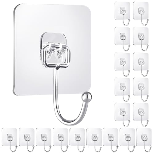 IBERDE Large Adhesive Hooks for Hanging, Clear Wall Hooks Stainless Steel Hook Coat Towel Hooks for Bathroom, Decorative Rack Door Hanger for Home, Drill Free No Damage Utility Hooks (20 Pack)