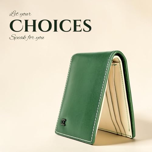 Image of BEIGE & BROWN Full Grain Leather Wallet for Men - Premium Dual Tone Slim Bifold with RFID Blocking, 6-8 Card Slots, Luxury Gift for Men (Pine Green)