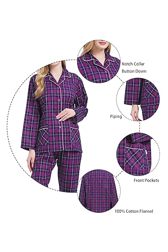 Image of GLOBAL Women's Flannel Pajamas Set 100% Cotton PJs for Women Long Sleeve Button Drawstring Waist Warm Loungewear Sleepwear