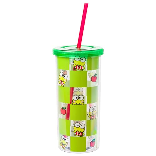 Image of Silver Buffalo Sanrio Hello Kitty and Friends Keroppi Green Checkered Plastic Cold Cup with Lid and Straw, 20 Ounces | Hello Kitty and Friends, Checkered Pattern, Includes Lid and Straw, 0.59 Liters