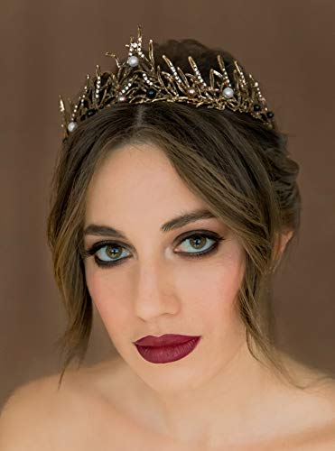 Sweetv Gothic Crown Goth Tiara, Black Tiaras And Crowns For Women Girls, Bronze Costume Headpiece For Wedding Birthday Party Cosplay Halloween With Pearl #TOP1