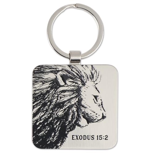 Christian Art Gifts Inspirational Scripture Keychain for Men & Women: Lord is My Strength Encouraging Bible Verse, Stylish Sturdy Square Metal Stamped Keyring, Engraved Lion Accessory, Silver & Black