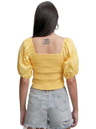 Image of Tokyo Talkies Women's Puff Sleeves Shirt-Style Crop Top | Chic & Trendy | Perfect for Casual Outings & Weekend Brunches | Tops for Woman | Women Tops | Stylish Top