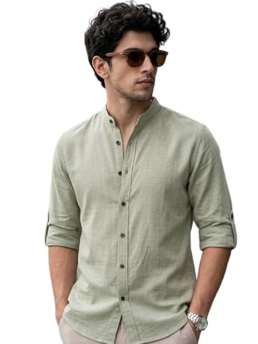 Image of Urbano Fashion Men's Linen Blend Full Sleeve Relaxed Fit Mandarin Collar Casual Solid Shirt