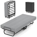 RVONOW Folding Bed with Mattress, Portable Fold Up 79x190cm Bed for Adults, Space Saving Foldable Single Guest Beds on Wheels, 6cm Thick Memory Foam Mattress and Metal Frame