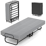 Klappbett 79x190cm, Gästebett Klappbar mit 6cm Matratze, Kleines faltbares Einzelbett für Erwachsene – Tragbar & platzsparend, faltbares Einzelbett auf Rollen mit Memory-Foam-Matratze & Metallgestell