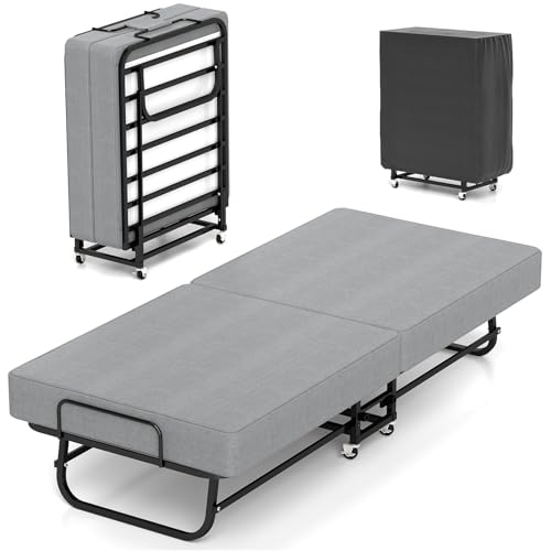 Klappbett 79x190cm, Gästebett Klappbar mit 6cm Matratze, Kleines faltbares Einzelbett für Erwachsene – Tragbar & platzsparend, faltbares Einzelbett auf Rollen mit Memory-Foam-Matratze & Metallgestell